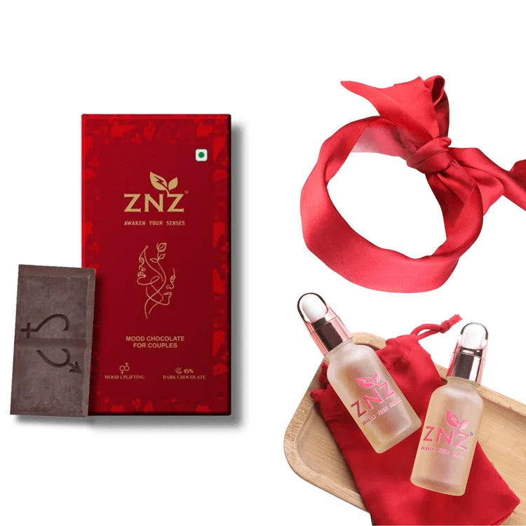 ZNZ product set with red packaging, chocolate, blindfold and Body Massage Oil on a white background