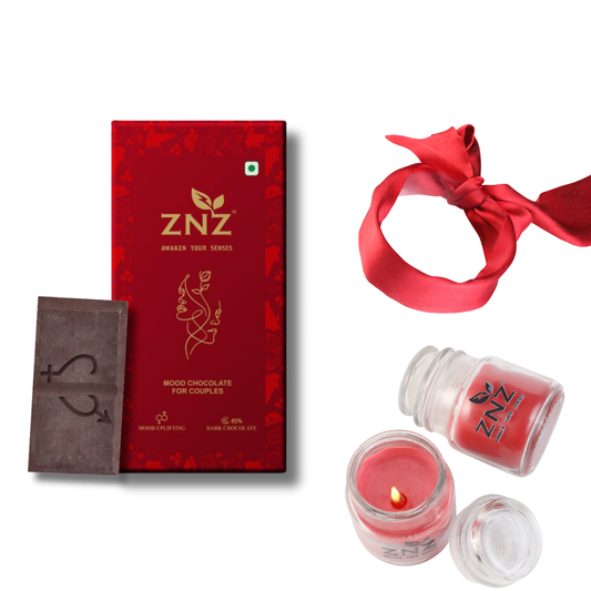 ZNZ Mood uplifiting Couple chocolate combo| Romantic Gift Set  /Couple Chocolate + Sensual Candle +BlindFold