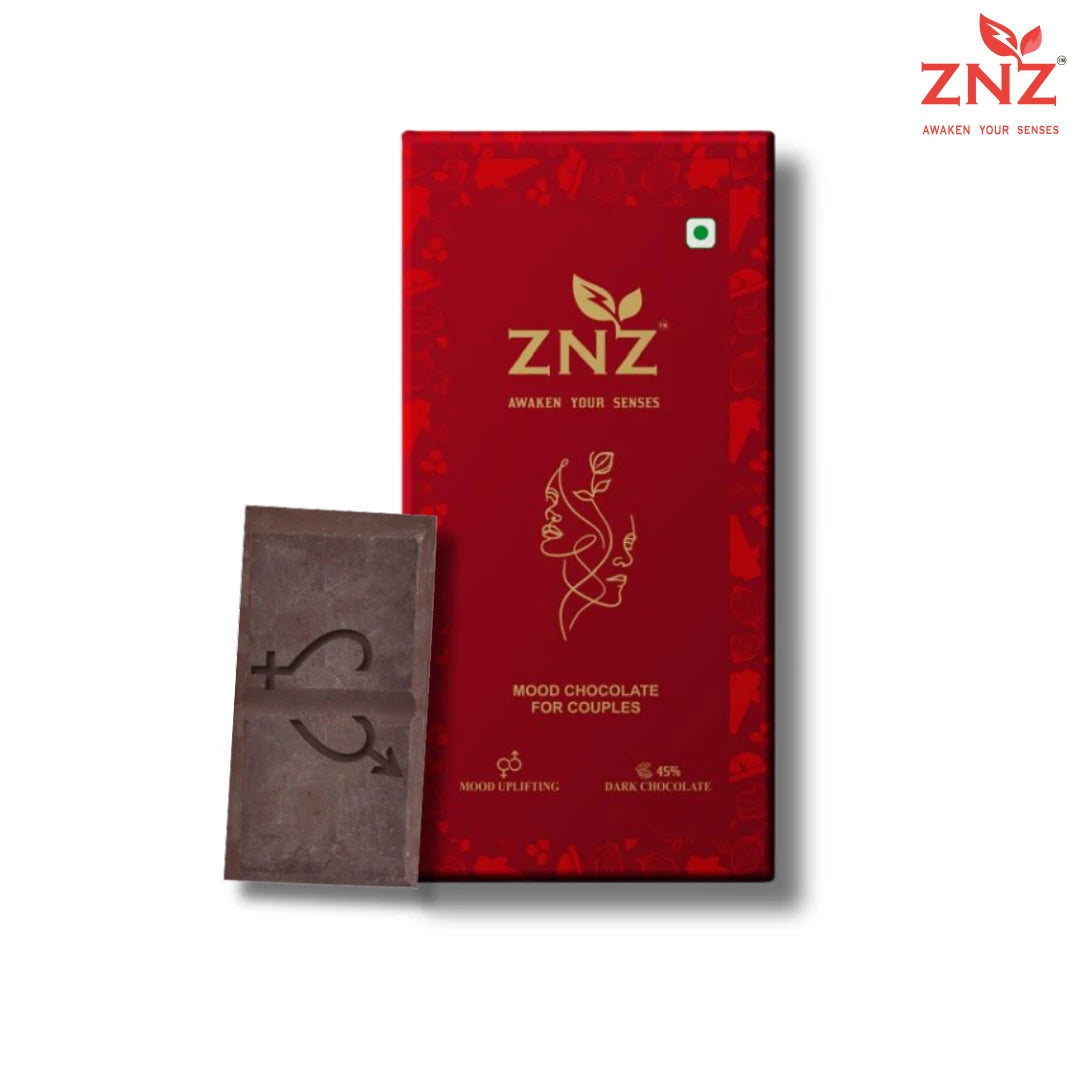 Red chocolate packaging with ZNZ branding and a dark chocolate bar on a white background