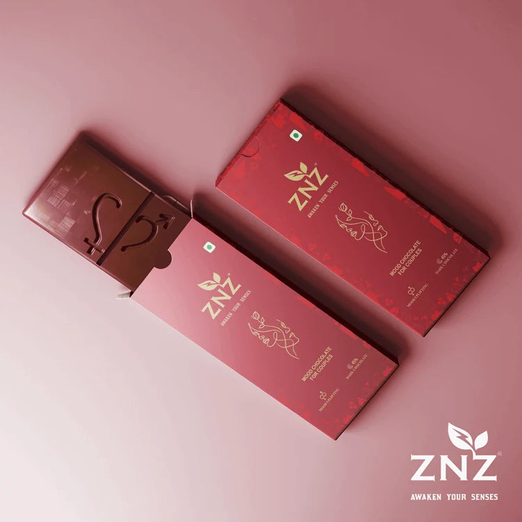 Red ZNZ chocolate for couples packaging on a pink background