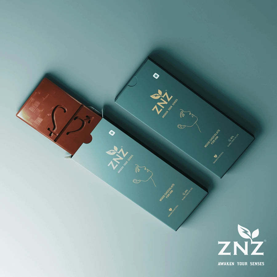 Two ZNZ Chocolate for men boxes on a light blue background