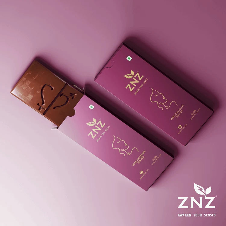 ZNZ for her chocolate bars on a pink background with the brand logo.
